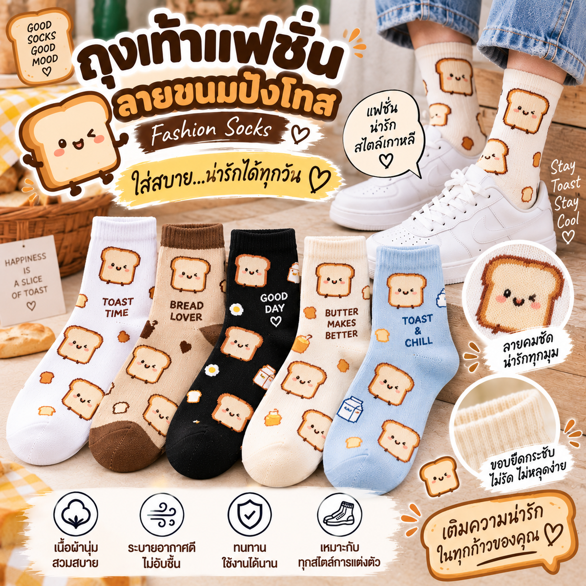 ถุงเท้าแฟชั่น (Fashion Socks) ลายขนมปังโทส